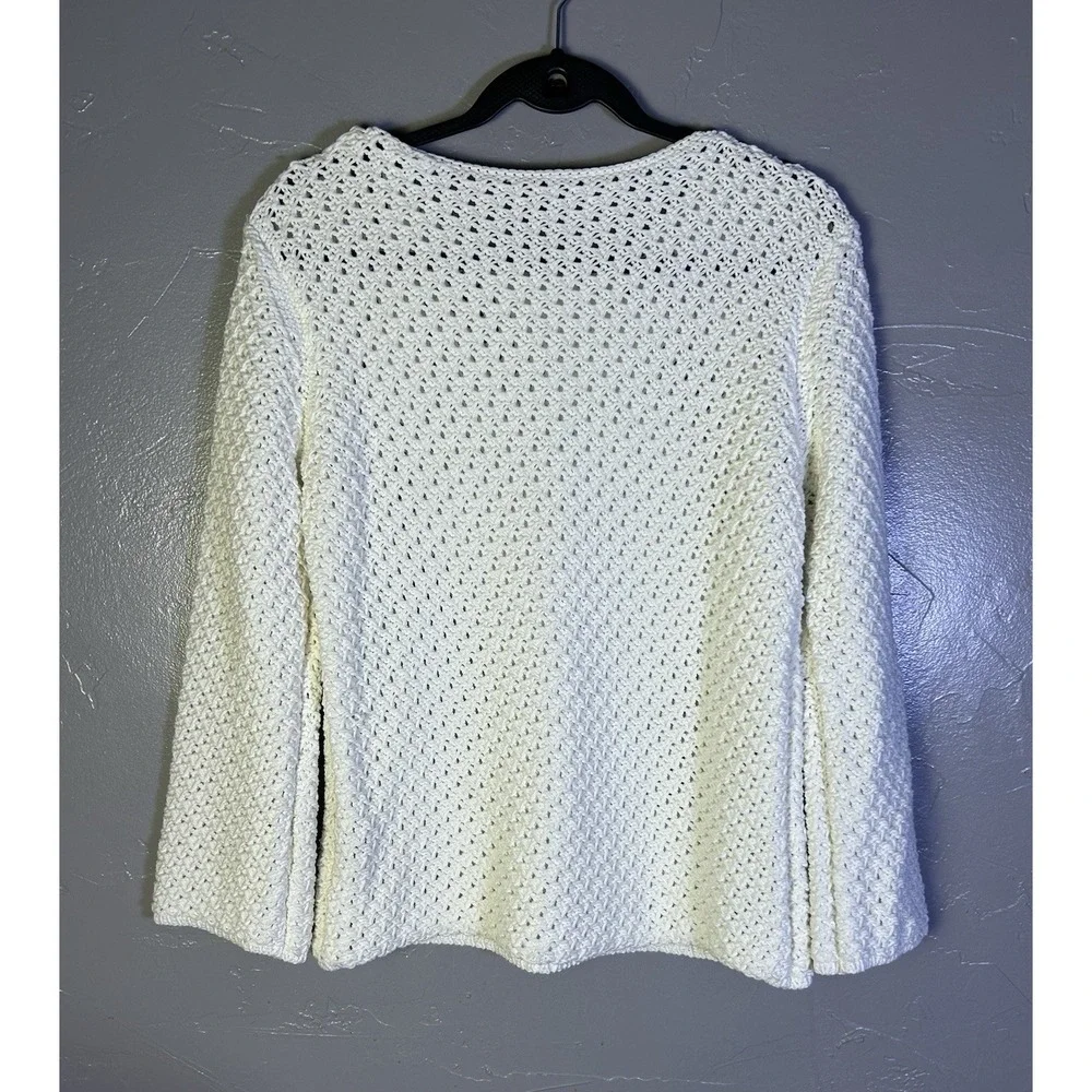 St. John cream white open-knit crewneck sweater Bell Sleeves S Quite Luxury